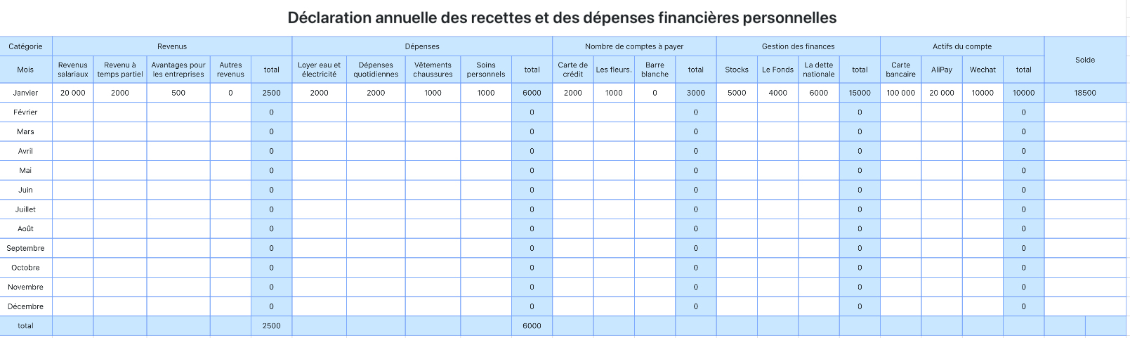 Déclaration annuelle des recettes et des dépenses financières personnelles